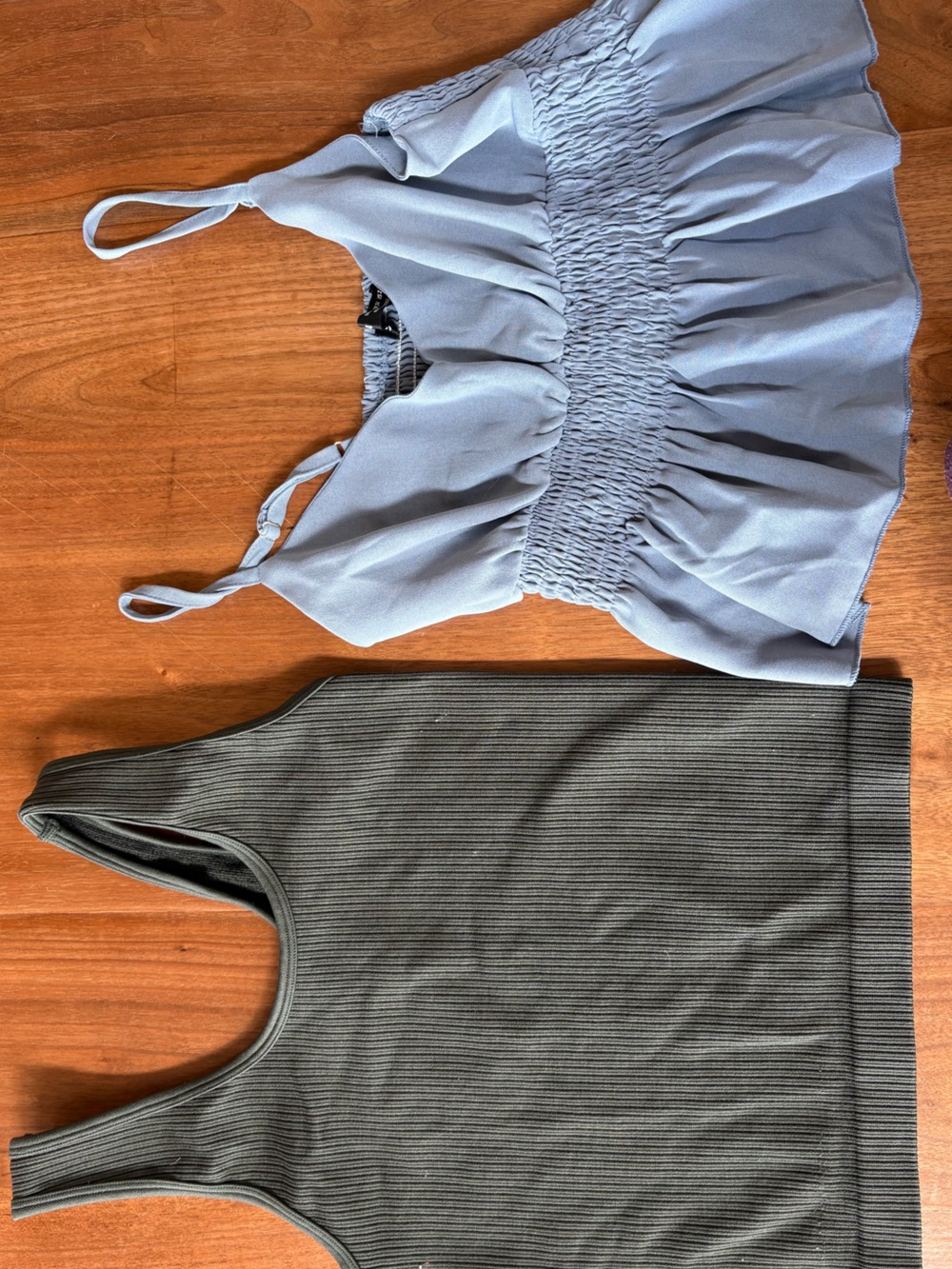 SHEIN Light Blue Ruched Crop Tank + Olive Ribbed Tank Duo